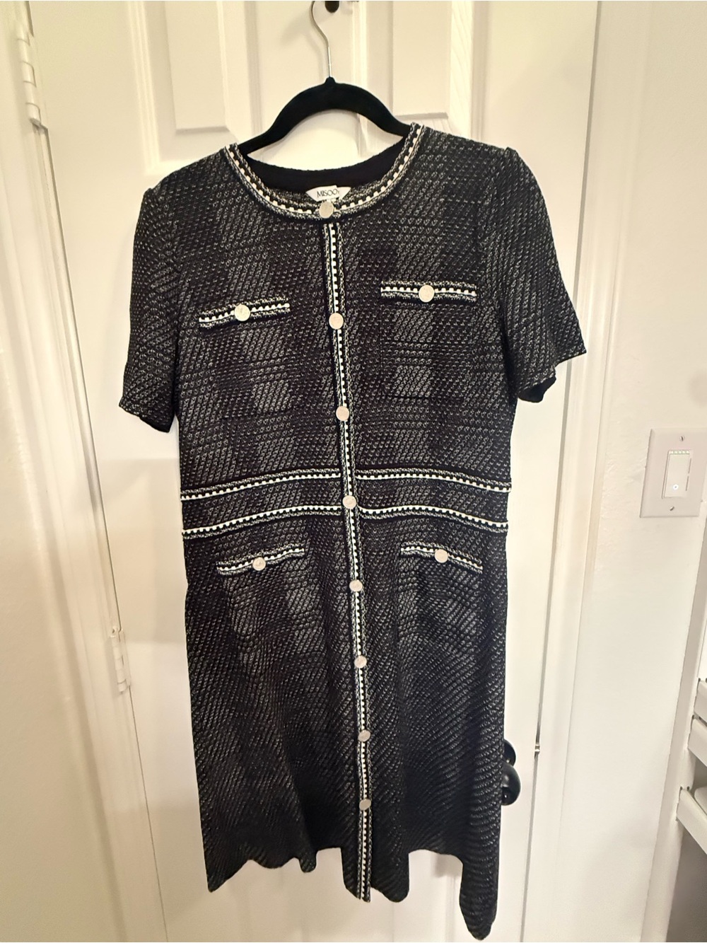 Misook Black Tweed-Style Button Front Dress with White Trim